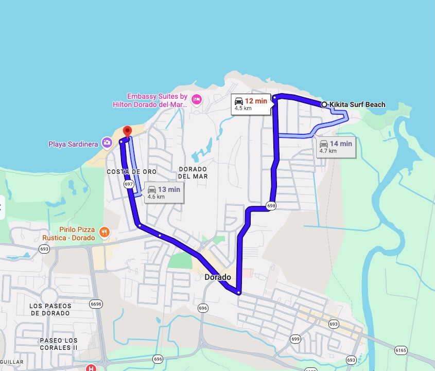 Google Maps directions from Aqua Dorado Terrazas to Kikita Beach, Dorado, Puerto Rico