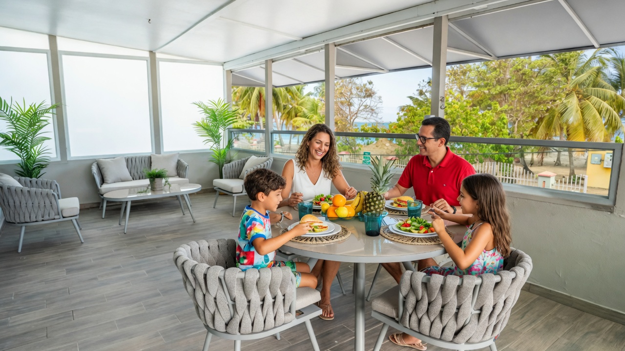 Family lunch at an Aqua Dorado beachfront terrace in Dorado, Puerto Rico
